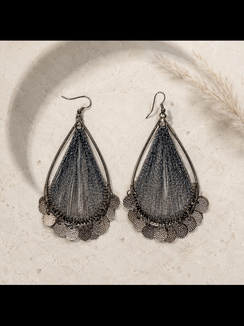 Metallic Gray Thread Teardrop Dangle Earrings